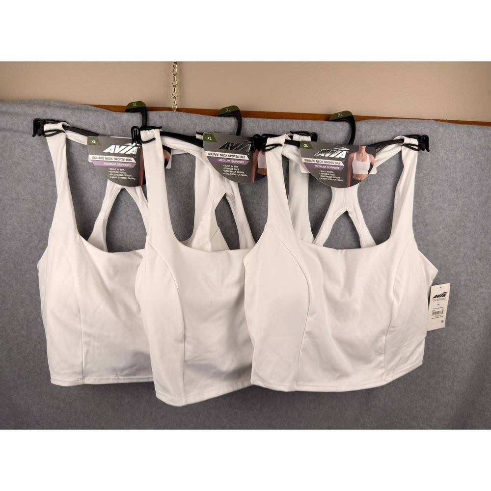 Avia Square Neck Sports Bra Set of 3 White Racerback Keyhole Medium Support XL